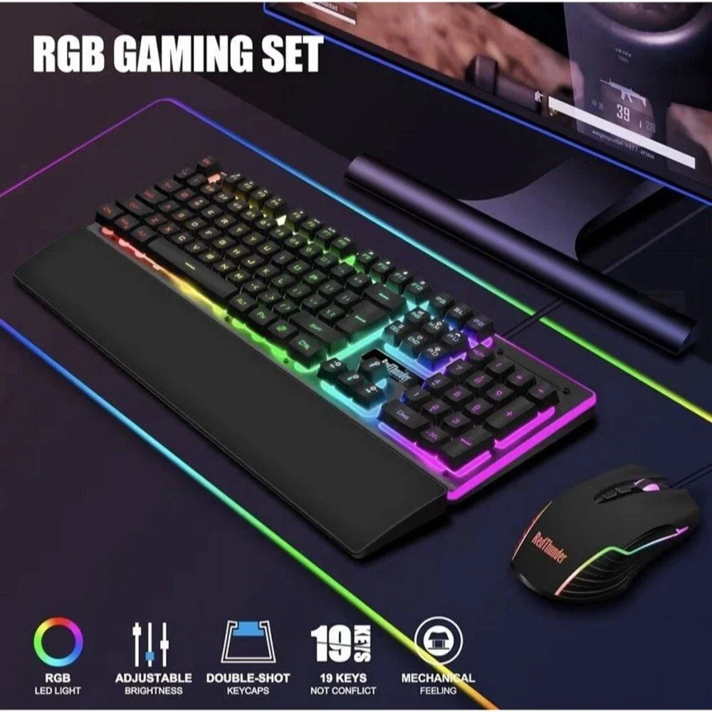 RedThunder K10 Wired Gaming Keyboard and Mouse and Wrist Rest Combo, RGB Backlit